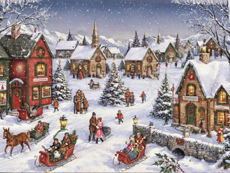 vxc, a winter village surrounded in snow, christmas tree, post office, sled  <lora:Vintage_Christmas_Card_Generator_XL-KK:0.8>