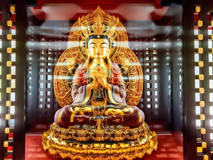 Mila, Maitreya Bodhisattva,Maitreya, a golden buddha statue sitting in a room with red and black checkered walls and a red and gold wall, 3d, architecture, bridge, building, city, flower, letterboxed, no_humans, skyscraper, stained_glass