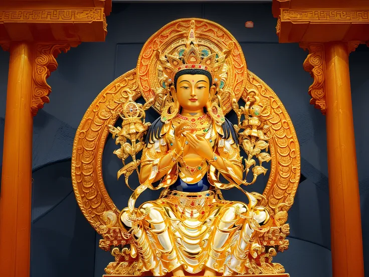 Mila, Maitreya Bodhisattva,Maitreya, a golden statue of a buddha sitting on a blue carpeted floor with a red background and a red wall, 1girl, closed_eyes, gold_trim, jewelry, magic_circle, necklace, red_background, roman_numeral, solo, sun_symbol