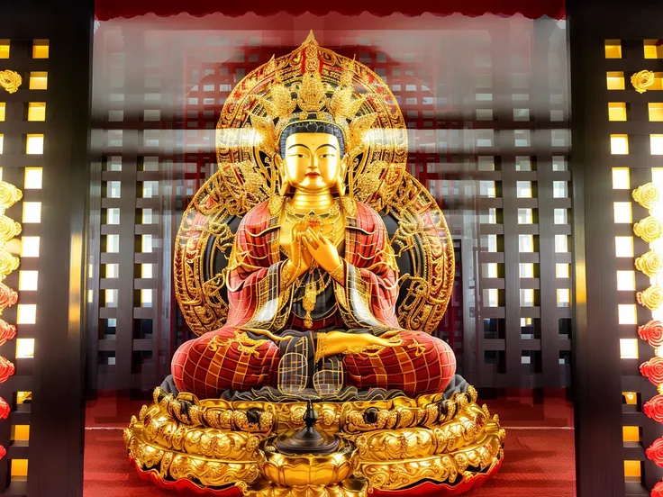 Mila, Maitreya Bodhisattva,Maitreya, a golden buddha statue sitting in a room with red and black checkered walls and a red and gold wall, 3d, architecture, bridge, building, city, flower, letterboxed, no_humans, skyscraper, stained_glass