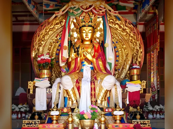 Mila, Maitreya Bodhisattva,Maitreya, a statue of a person with a gold head and a white robe on it's body and a red and gold robe on his head, candle, no_humans