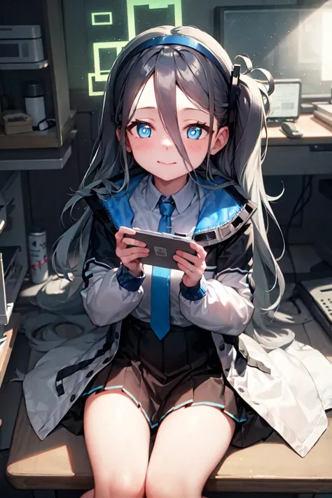 masterpiece,best quality,original_alice, alice_halo,1girl,solo,facial focus,knee to chest,sitting,glow blue particles,blue light,cinematic light,indoors, looking at viewer,desk,desktop,screet room,lab background,<lora:Alice Tendou:1>