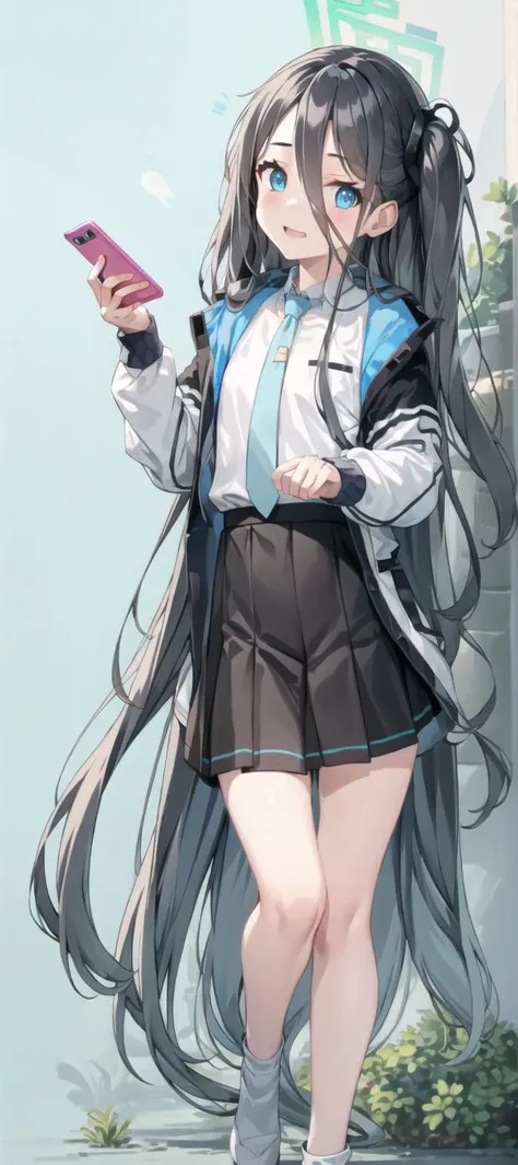 masterpiece, best quality, ultra-detailed, ray tracing, perfect lighting, detailed eyes, anime style, BREAK Alice tendou, blue archive, <lora:alice:0.8>, alice halo, tendou alice, hair down, blue eyes, (very long hair, absurdly long hair:1.5), <lora:very_long_hair-10:0.7>, hair long enough to reach the ground, looking at viewer, full body, BREAK light_blue_background, phone wallpaper