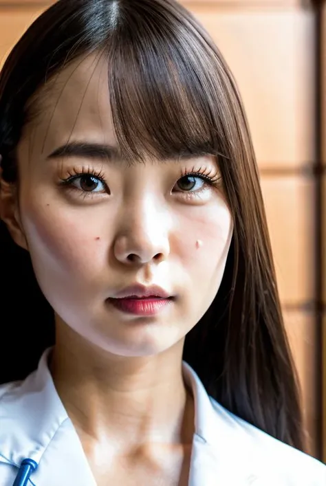 (sfw:1.2),close up photo of ichikajp's face and (a beautiful japanese girl) and Detailed cleavage visible and detailed eyes and wearing a beautiful nurse suit and film grain and Fujifilm XT3 and kodak portra <lora:ichikajp-15:0.8>, (masterpiece:1.2) and (best quality:1.2) and (photorealistic:1.4) and (Realistic:1.4) and Detailed Skin Textures and detailed skin pores and high skin detail