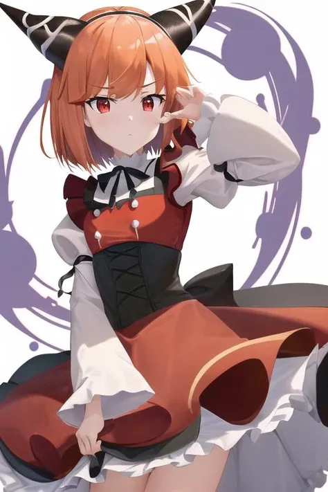 masterpiece, best quality,
 laika_slime_300, 1girl, long_sleeves, orange_hair, puffy_sleeves, red_eyes, short_hair, solo, full body, (white background:1.2), standing, looking at viewer