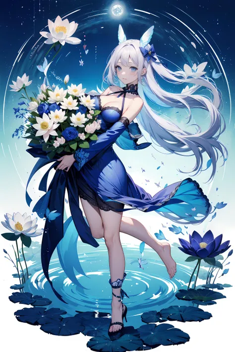 Tranquility lies in a bouquet of spring. Calmness resembling the season, a fluttering wind chime at winter solstice. Goldfish tears are not of love but reflections, like an indigo-dyed room filled with envelopes reminiscent of ever-flourishing lotus flowers.  <lora:Pixiv_Collection_1.01:1> visual novel style, first-rate female body, alluring eyes, long hair, warm palette colors, cleavage, thigh highs, cute, pixiv