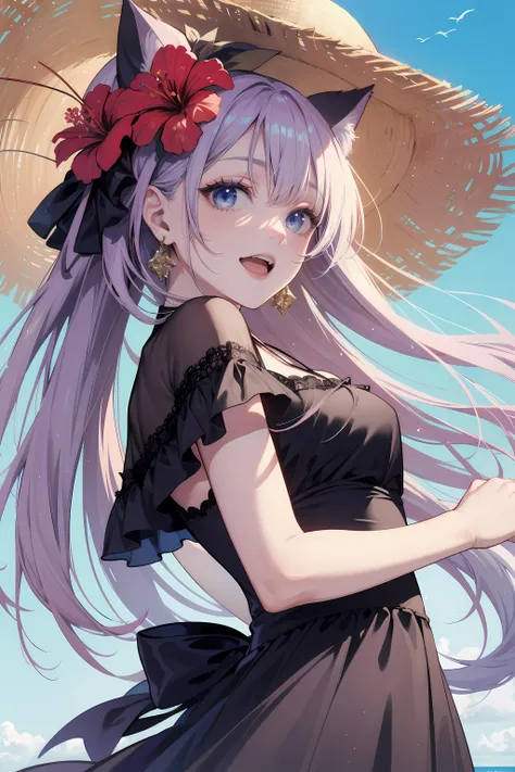 a catgirl holding a hibiscus flower looking at us with an expression somewhat like she's trying to seduce us, 1girl, flower, solo, hat, long hair, dress, blue eyes, looking at viewer, black dress, animal ears, breasts, smile, outdoors, straw hat, delicate hair, holding, open mouth, bare shoulders, hat flower, earrings  <lora:Pixiv_Collection_1.01:1> visual novel style, first-rate female body, alluring eyes, long hair, warm palette colors, cleavage, thigh highs, cute, pixiv