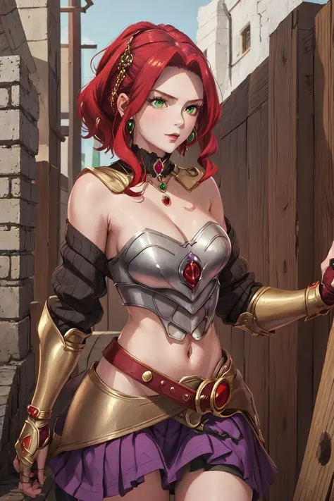 malty melromarc, upper body, 1girl, red jewelry, green eyes, red hair, steel armor, belt, cleavage, bare shoulders, purple skirt, <lora:Malty Melromarc v1_1:0.8>