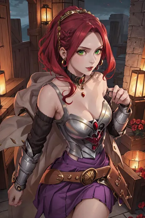 malty melromarc, upper body, 1girl, red jewelry, green eyes, red hair, steel armor, belt, cleavage, bare shoulders, purple skirt, looking at viewer, <lora:Malty Melromarc v1_1:0.8>