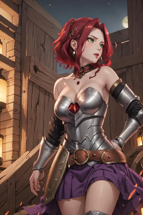 malty melromarc, upper body, 1girl, red jewelry, green eyes, red hair, steel armor, belt, cleavage, bare shoulders, purple skirt, <lora:Malty Melromarc v1_1:0.8>