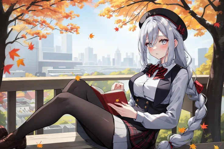 <lora:shenhe_a:1>,white hair,grey hair,blue eyes,grey eyes,(long hair:1.2),(braid:1.2),hair over one eye,1girl,solo,hat,book,skirt,shirt,pantyhose,sitting,open book,looking at viewer,white shirt,jacket,tree,holding,red skirt,long sleeves,autumn leaves,black pantyhose,jacket on shoulders,beret,bowtie,bow,outdoors,holding book,leaf,red headwear,autumn,breasts,against tree,bangs,collared shirt,blush,medium breasts,day,green bow,ribbon,high-waist skirt,falling leaves,parted lips,ginkgo leaf,aqua bow,hair between eyes,neck ribbon,plaid bow,plaid,