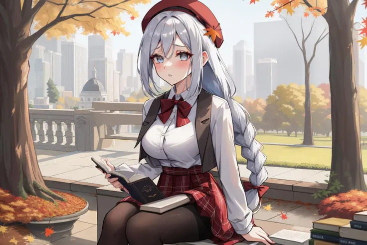 <lora:shenhe_a:1>,white hair,grey hair,blue eyes,grey eyes,(long hair:1.2),(braid:1.2),hair over one eye,1girl,solo,hat,book,skirt,shirt,pantyhose,sitting,open book,looking at viewer,white shirt,jacket,tree,holding,red skirt,long sleeves,autumn leaves,black pantyhose,jacket on shoulders,beret,bowtie,bow,outdoors,holding book,leaf,red headwear,autumn,breasts,against tree,bangs,collared shirt,blush,medium breasts,day,green bow,ribbon,high-waist skirt,falling leaves,parted lips,ginkgo leaf,aqua bow,hair between eyes,neck ribbon,plaid bow,plaid,