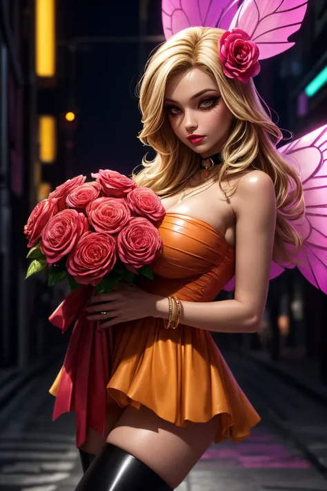(ultra realistic,32k,RAW photo:1.1),(high detailed skin:1.1), 8k uhd, dslr, high quality, film grain, (makeup, mascara:1.1), lips,(thick\lips\), 
(shiny glossy translucent clothing:1.1), <lora:dqStella-nvwls-v1:0.7>dqStella,blonde hair, fairy wings, hair flower, choker, necklace, orange dress, bracelet, black thighhighs, <lora:add_detail:0.86>, huge breast, 
Posing as if holding a large bouquet, (upper body:1.1)
 (busty:1.1) ,  (chubby:0.1),(radiant:1.2),<lora:LowRA:0.4>, dark theme, neon cyber alley, glowing neon pathways, underground cybernetics market, clandestine transactions