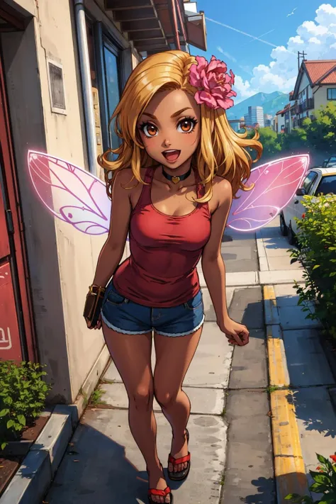 masterpiece, best quality, dqStella, fairy wings, hair flower, choker, necklace, red tank top, shorts, sandals, from above, :D, city street, tan <lora:dqStella-nvwls-v1-000010:0.7>
