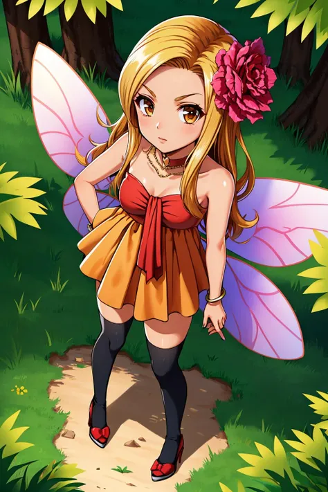 masterpiece, best quality, dqStella, fairy wings, hair flower, choker, necklace, orange dress, black thighhighs, bracelet, high heels, (from above:1.6), standing, tree, tall grass, looking at viewer, furrowed brow <lora:dqStella-nvwls-v1-000010:0.9>