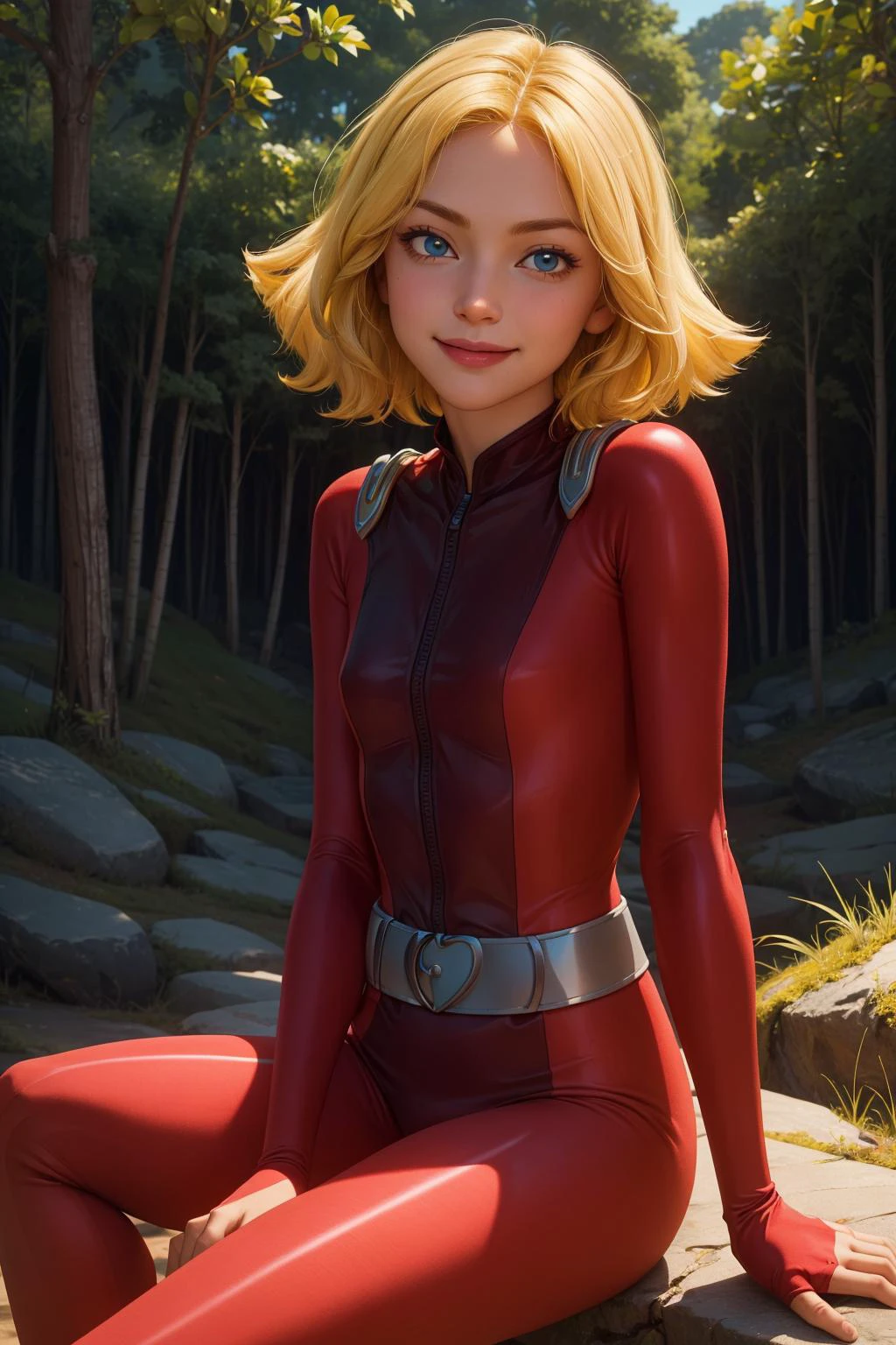clover \(totally spies\), 1girl, solo, blonde hair, short hair, blue eyes,
red bodysuit, belt,
smile,closed mouth,cowboy shot,sitting,
forest,outdoor,
(insanely detailed, beautiful detailed face, masterpiece, best quality) cinematic lighting,<lora:brj-clover-v1.6:1>, <lora:more_details:0.3>,