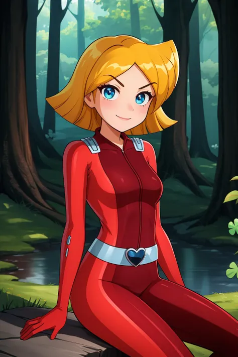 clover \(totally spies\), 1girl, solo,  blonde hair, short hair, blue eyes,
red bodysuit, belt,
smile,closed mouth,cowboy shot,sitting,
forest,outdoor,
(insanely detailed, beautiful detailed face, masterpiece, best quality) cinematic lighting,<lora:brj-clover-v1:1>, <lora:more_details:0.3>,