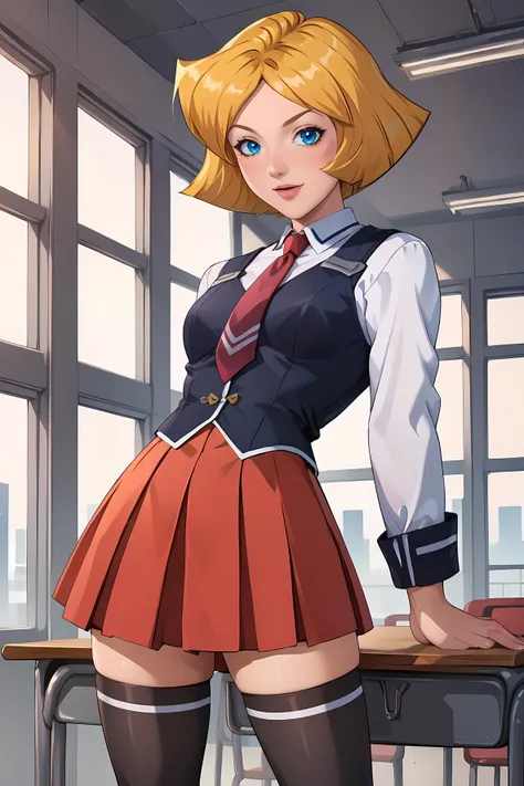<lora:brj-cloverXL-pony-v0.5:1> clover \(totally spies\), blonde hair, short hair, blue eyes,
Leaning backwards slightly,,
<lora:bible_black_uniform_xl_v3:0.8> school uniform, white shirt, black vest, black thighhighs, red skirt, red necktie