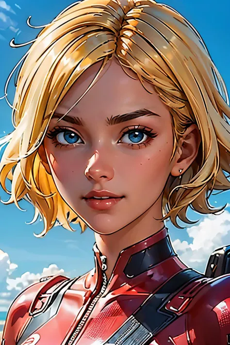 clover, short blonde hair, blue eyes, red bodysuit,red jumpsuit, looking at viewer, serious, happy, close up portrait,
outside, blue sky, extreme detail, masterpiece, beautiful quality, <lora:brj-clover-v1.6:.8>
