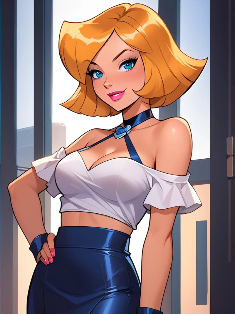 score_6, score_8_up BREAK, masterpiece, perfect face, perfect hands, high quality, (1girl, solo,) lipstick, makeup, <lora:EnvyPonySeductress01a:1> seductive, cleavage, large breasts, bare shoulders, off-shoulder croptop, bare midriff, micro skirt, <lora:brj-tapedlipsXL-pony-v1:1> clover \(totally spies\), blonde hair, short hair, blue eyes,