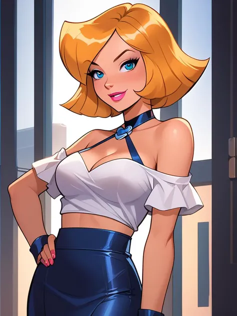 score_6, score_8_up BREAK, masterpiece, perfect face, perfect hands, high quality, (1girl, solo,) lipstick, makeup, <lora:EnvyPonySeductress01a:1> seductive, cleavage, large breasts, bare shoulders, off-shoulder croptop, bare midriff, micro skirt, <lora:brj-tapedlipsXL-pony-v1:1> clover \(totally spies\), blonde hair, short hair, blue eyes,