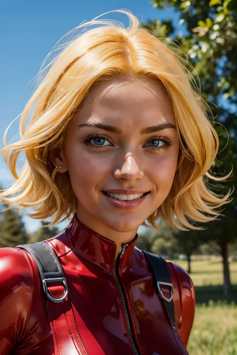 clover, totally spies, short blonde hair, blue eyes, red bodysuit, looking at viewer, smiling, close up, outside, field, trees, blue sky, high quality, masterpiece <lora:brj-clover-v1.6:.8>