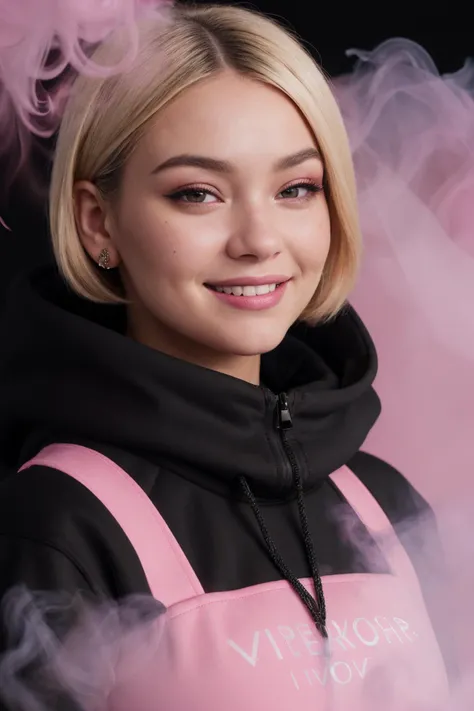 DV_Nika_Vicious_V2 ((Black Theme, Black backdrop:1.4)) (Close-Up Shot, headshot:1.4) (short blond hair :1.4) Glasses wearing (Black sweatshirt :1.4) 35mm, F/2.8 ((Photo Focus, DOF, Aperture, insanely detailed and intricate, character, hypermaximalist, elegant, ornate, beautiful, exotic, revealing, appealing, attractive, amative, hyper realistic, super detailed, heresy flares)) (smiling at viewer:1.3)(volumetric pink smoke:1.3) (pink lens flare:1.2)(sharpness:1.3)(details:1.3)