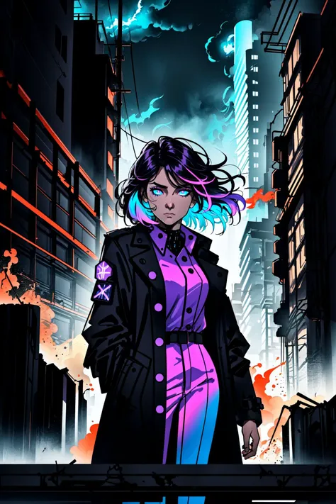 (Neon Dreams), day, bright sky, (leaning against wall,) trench-coat, sci-fi, science fiction, cyborg, (futuristic, neon theme, neon lights, bloom, bright lights), (masterpiece, best quality, ultra-detailed, highres, ) details, detailed, solo, woman , slim, violet hair, (bright and vivid colors, mixes of warm and cool colors), expressive eyes, calm expression, visual details, ruins, burning buildings, city, horror, bright lights, dynamic and energetic atmosphere, (( short hair:1.20)), eyes,
<lora:Neon_Dreams:0.81>,