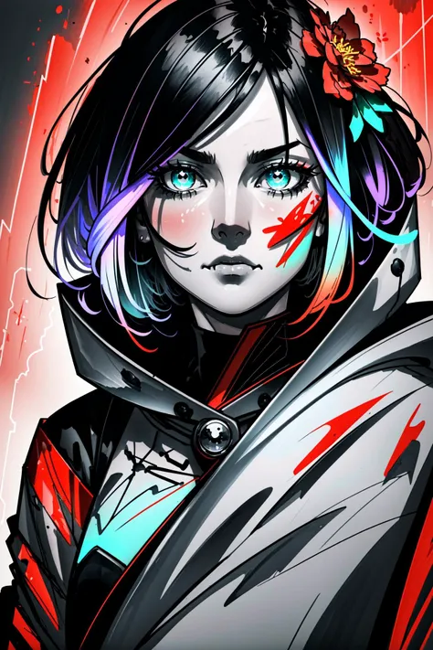 Neon Dreams, day, bright sky, green cloak, flower in hair, red flower in hair, grey hair, red flower, (fantasy, neon theme, neon lights, bright lights), (masterpiece, best quality, ultra-detailed, highres, best illustration ) details, detailed, solo, woman , smooth and clean lines, (bright and vivid colors that create a strong contrast, mixes of warm and cool colors), slightly big and expressive eyes, stern and calm expression, visual details, unique and interesting look, elements of fantasy, elements of horror, elements of surrealism, (dynamic and energetic atmosphere), slim face, waist-up, (( short hair:1.20)), eyes,
<lora:Neon_Dreams:0.80>,