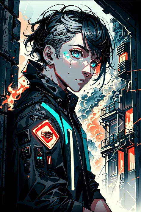 (Neon Dreams), day, bright sky, (leaning against wall,) sci-fi, science fiction, (futuristic, neon theme, neon lights, bloom, bright lights), (masterpiece, best quality, ultra-detailed, highres, ) details, detailed, solo, (man, male) , grey hair, (bright and vivid colors, mixes of warm and cool colors), expressive eyes, calm expression, visual details, ruins, burning buildings, city, horror, bright lights, dynamic and energetic atmosphere, slim, (( short hair:1.20)), eyes,
<lora:Neon_Dreams:0.81>,