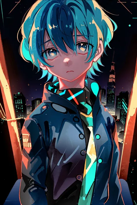 Neon Dreams, ( city, ) sci-fi, science fiction, light background, (neon theme, neon lights, bright lights, neon back lights), boy, (narrow pupils, long pupils), masterpiece, details, detailed, solo, dark blue hair, bright and vivid colors, saturated colors, closed mouth, visual details, short hair,
<lora:Neon_Dreams:0.80>,
<lora:gou6last:0.67>