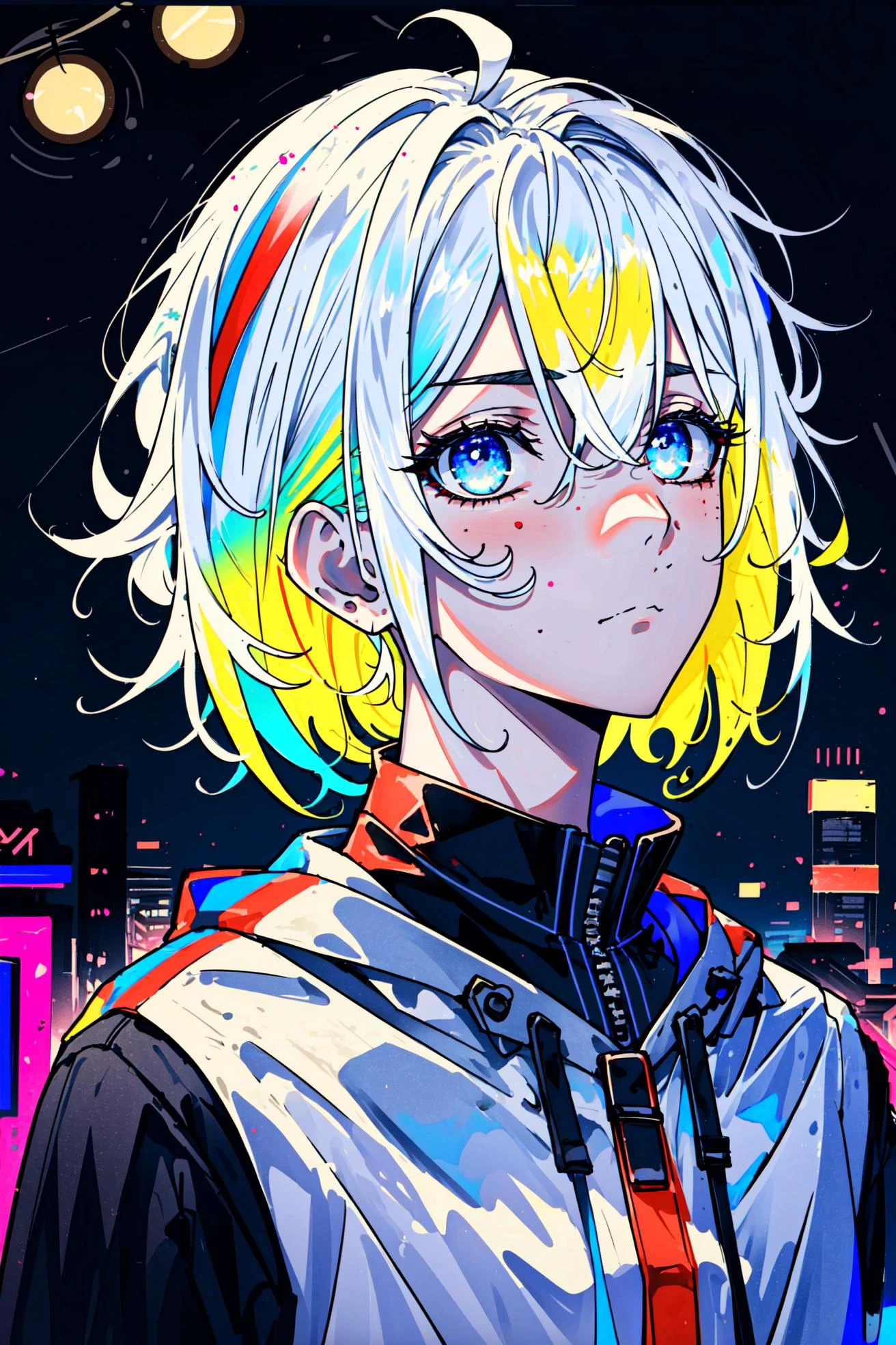 (Neon Dreams), urban, (underground, city, colorful, ) neon theme, neon lights, bloom, masterpiece, details, detailed, solo, man, male, white hair, (bright and vivid colors, saturated colors), expressive eyes, calm expression, visual details, horror, contrast, bright lights, dark shadows, slim, ( short hair:1.20), eyes,
<lora:Neon_Dreams:0.82>,