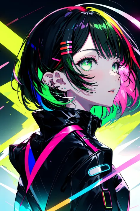 Neon Dreams, (masterpiece, best quality, ultra-detailed, highres, best illustration),perfect face, ((solo, solo focus, kawaii, neon rim lighting, neon back lights )),side lighting, epic, illustration, render, volumetric lighting, welcoming, see-through gossamer, lustrous skin,(bloom), (shine), Neon Dreams, 1girl, solo, looking at viewer, short hair, simple background, black hair, hair ornament, jewelry, green eyes, jacket, upper body, earrings, parted lips, green hair, hairclip, from side, streaked hair, black jacket, piercing, ear piercing, zipper, multicolored eyes, specular highlights, neon theme, neon futurism, dynamic angle, dynamic pose,city background <lora:Neon_Dreams:0.8>