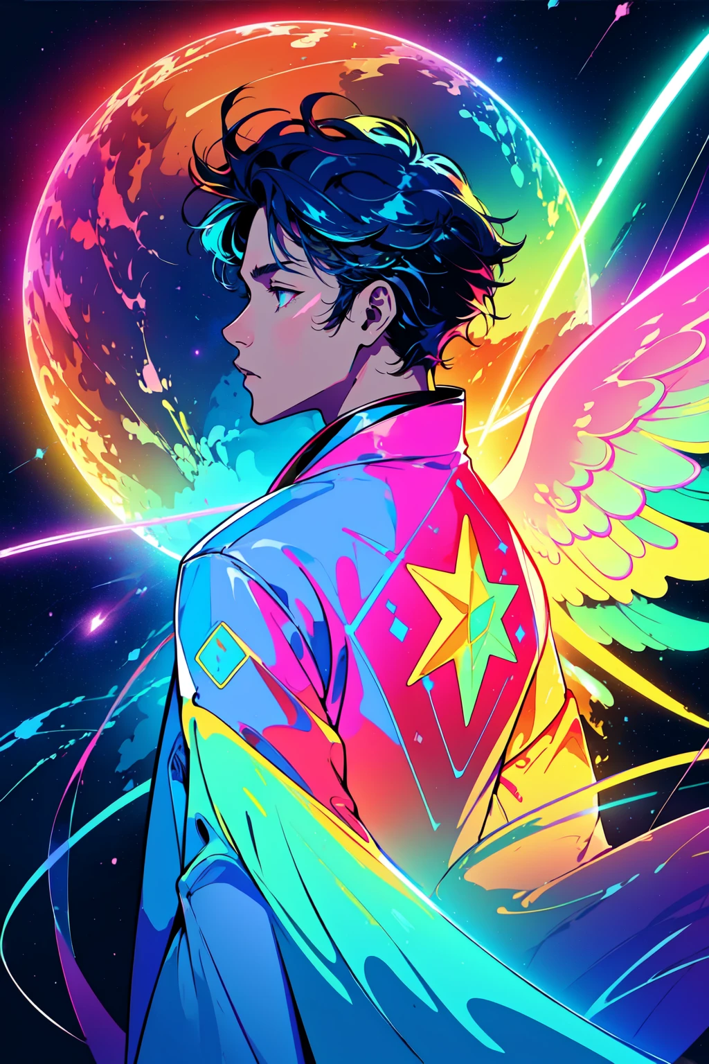 Neon Dreams, (masterpiece, best quality, ultra-detailed, highres, best illustration,neon rim lighting, neon back lights),official art, epic, illustration, render, welcoming, see-through gossamer, lustrous skin,(bloom), (shine),solo, wings, star \(sky\), profile, 1boy, blue hair, holding, angel, male focus, from side, long sleeves, sky, artist name, robe, starry sky, neon theme, neon futurism,city background <lora:Neon_Dreams:0.8>