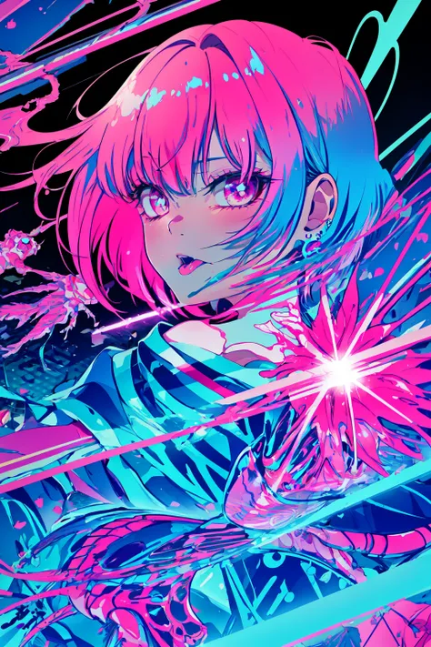 Neon Dreams, (masterpiece, best quality, ultra-detailed, highres, best illustration),perfect face, ((solo, solo focus, kawaii, neon rim lighting, neon back lights )),side lighting, epic, illustration, render, volumetric lighting, welcoming, see-through gossamer, lustrous skin,(bloom), (shine), 1girl, solo, looking at viewer, short hair, open mouth,shirt, blue hair, collarbone, upper body, pink hair, ahoge, short sleeves, earrings, tongue, tongue out, pink eyes, off shoulder, colored inner hair, x-ray, ribs, skeleton, bone, spine, skeleton print, specular highlights, neon theme, neon futurism, dynamic angle, dynamic pose,city background <lora:Neon_Dreams:0.8>