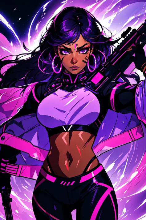 Neon Dreams, (masterpiece, best quality, ultra-detailed, highres, best illustration),perfect face, ((solo, solo focus, kawaii, neon rim lighting, neon back lights )),side lighting, epic, illustration, render, volumetric lighting, welcoming, see-through gossamer, lustrous skin,(bloom), (shine),  1girl, gun, weapon, rifle, solo, dark-skinned female, dark skin, holding gun, jewelry, purple hair, navel, long hair, earrings, hoop earrings, tattoo, holding, sniper rifle, holding weapon, character name, pants, midriff, breasts, makeup, black pants, looking at viewer, purple eyes, trigger discipline, jacket, medium breasts, eyeshadow, assault rifle, purple nails, crop top, facial mark, facial tattoo, lips, mole under eye, gloves, specular highlights, neon theme, neon futurism, dynamic angle, dynamic pose,city background  <lora:Neon_Dreams:0.8>