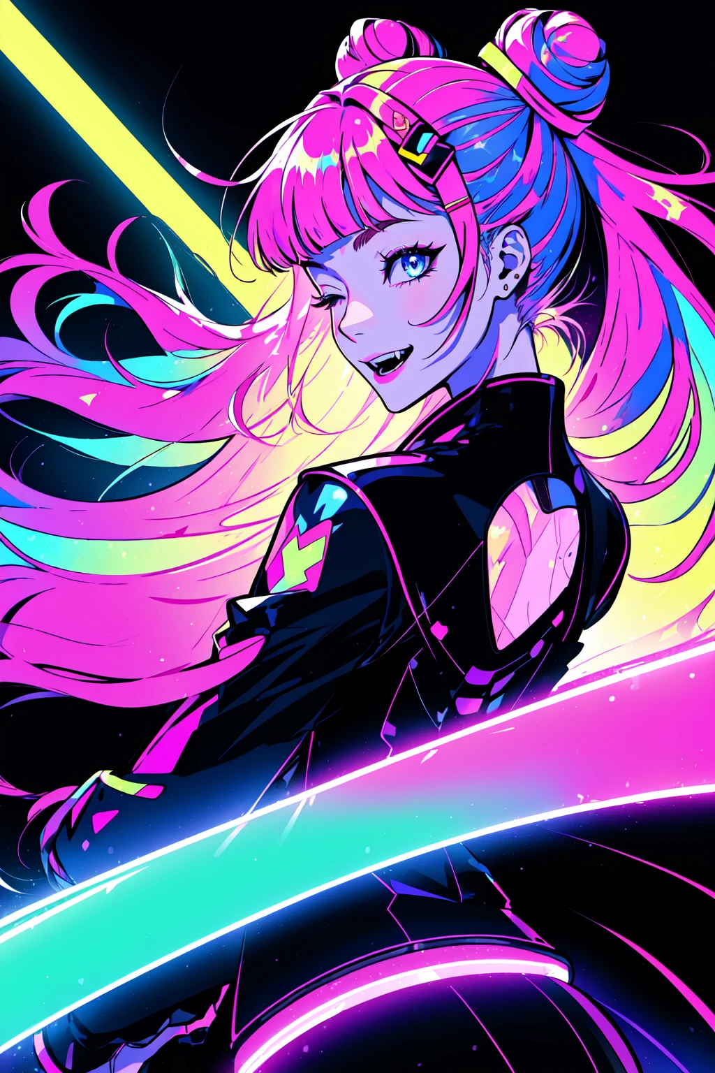 Neon Dreams, (masterpiece, best quality, ultra-detailed, highres, best illustration),perfect face, ((solo, solo focus, kawaii, neon rim lighting, neon back lights )),side lighting, epic, illustration, render, volumetric lighting, welcoming, see-through gossamer, lustrous skin,(bloom), (shine), 1girl, one eye closed, pink hair, solo, bandaid, v, fangs, smile, open mouth, hair ornament, heart, jewelry, stuffed toy, long hair, looking at viewer, bow, jacket, collar, hairclip, hair bow, sticker, hair bun, bangs, ring, phone, long sleeves, upper body, blue eyes, nail polish, stuffed animal, star \(symbol\), single hair bun, specular highlights, neon theme, neon futurism, dynamic angle, dynamic pose,city background <lora:Neon_Dreams:0.8>