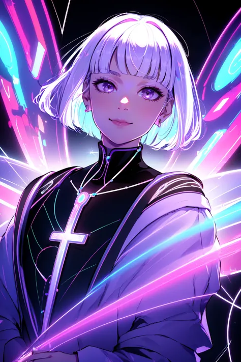 Neon Dreams, (masterpiece, best quality, ultra-detailed, highres, best illustration),perfect face, ((solo, solo focus, kawaii, neon rim lighting, neon back lights )),side lighting, epic, illustration, render, volumetric lighting, welcoming, see-through gossamer, lustrous skin,(bloom), (shine),1boy, male focus, cross, solo, jewelry, white hair, short hair, praying, necklace, priest, own hands together, cross necklace, purple eyes, parted bangs, smile, looking at viewer, bangs, upper body, long sleeves, holding jewelry, closed mouth, neon theme, neon futurism, dynamic angle, dynamic pose,city background <lora:Neon_Dreams:0.8>
