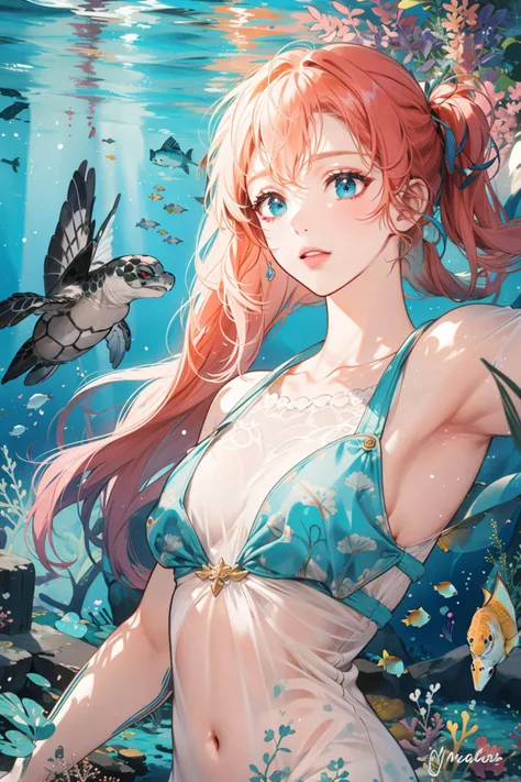 (masterpiece:1.2, best quality), ultra detailed, Ultra-precise depiction, Ultra-detailed depiction, 1girl, wide hips, (upper body:1.15), Dynamic pose mystical underwater world, with colorful coral and sea creatures. The sky is a deep shade of blue, and sunlight filters down through the water, creating a dreamy effect. In the foreground, a school of fish with shimmering scales swim lazily by, their movements creating a mesmerizing effect. A sea turtle with a patterned shell glides past, its eyes wise and serene. The scene captures the beauty and mystery of the ocean depths