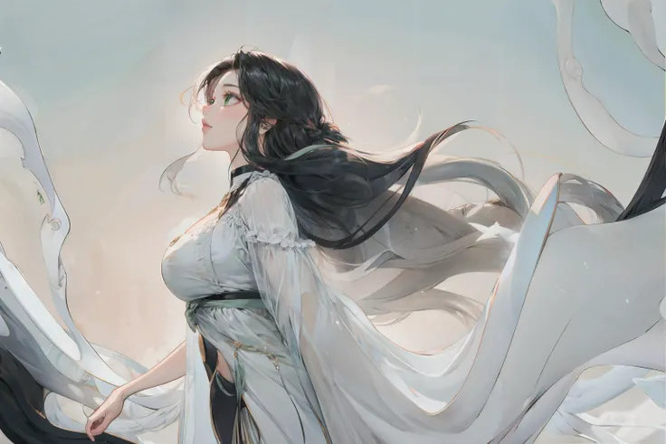 1girl, black long hair, curvy hair, green eyes, <lora:Chinese style illustration v2:0.5>, masterpiece, best quality, <lora:add_detail:1>,, masterpiece, high quality, 8k