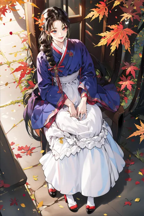 (masterpiece:1.2), 1milf, solo, smile, black hair, braid, white hanbok, korean_clothes, wide-fitting skirt, day, maple tree, fallen leaves <lora:Hanbok_LoRA_V2:0.6>, (diagonal viwe, Top View:1.3), standing, sit