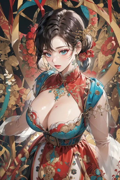 ((masterpiece:1.2, best quality)), ultra detailed, Ultra-precise depiction, Ultra-detailed depiction, (zentangle:1.2), (dynamic pose), (abstract background:1.5), (treditional dress:1.2), short hair, 1lady, very wide hips, big breast, (shiny skin), many colors, upper body, (from above:1.2)