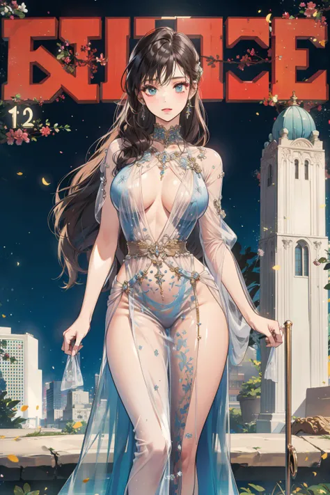 (masterpiece:1.2, best quality), ultra detailed, Ultra-precise depiction, Ultra-detailed depiction, [buildings|Art Deco background:1.3], 1girl, wide hips, (from front:1.2), (shiny skin), (maxi dress:1.2), long hair, magazine cover