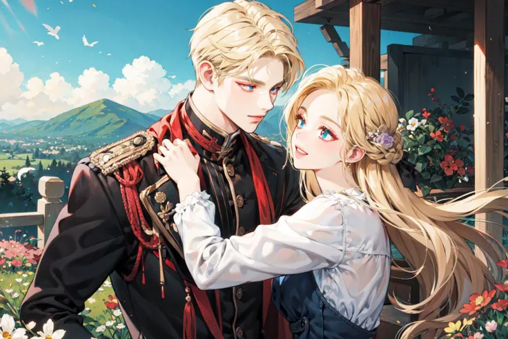 masterpiece, best quality, 2others, couple, hetero, 1man with 1woman,
man hair blonde,Man blue eyes,
woman hair blonde, (woman red eyes),
height difference,
different colors, happy, love, flower-filled landscape, forehead