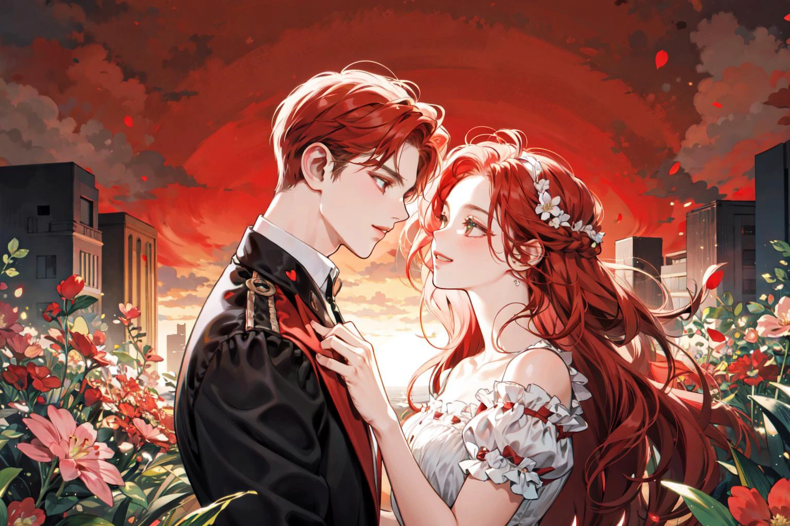 masterpiece, best quality, 2others, couple, hetero, 1man with 1woman, FE0000 hair and PINK, height difference, different colors, happy, love, flower-filled landscape, forehead