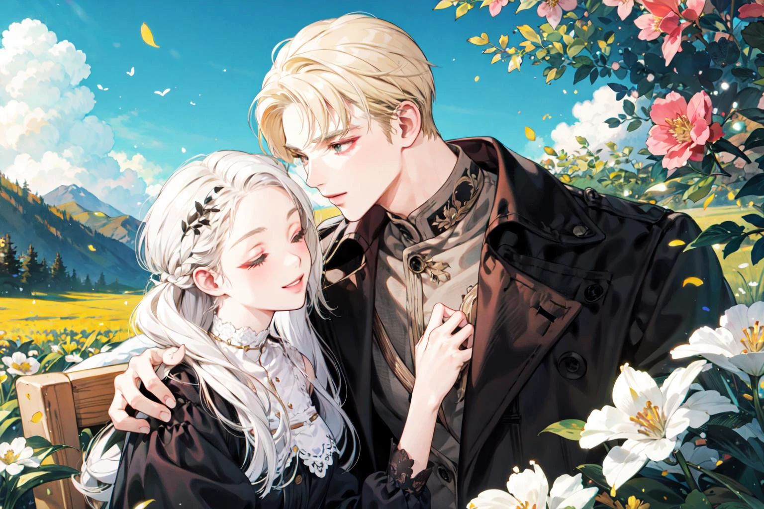 masterpiece, best quality, 2others, couple, hetero, 1man with 1woman, white hair and Blonde, height difference, different colors, happy, love, flower-filled landscape, forehead