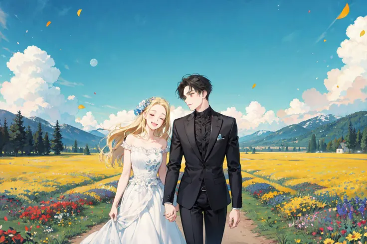 masterpiece, best quality, 2others, couple, hetero, 1man with 1woman, black hair and Blonde, height difference, different colors, happy, love, flower-filled landscape, forehead