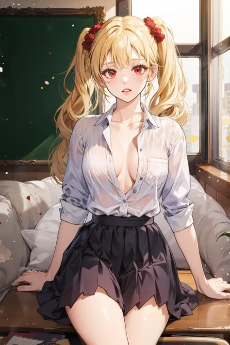(masterpiece:1.2, best quality), 1lady, solo, school uniform, classroom, day, sit, blonde, twintails, red eyes, open collabone, darkskin, (open breasts:1.1)
