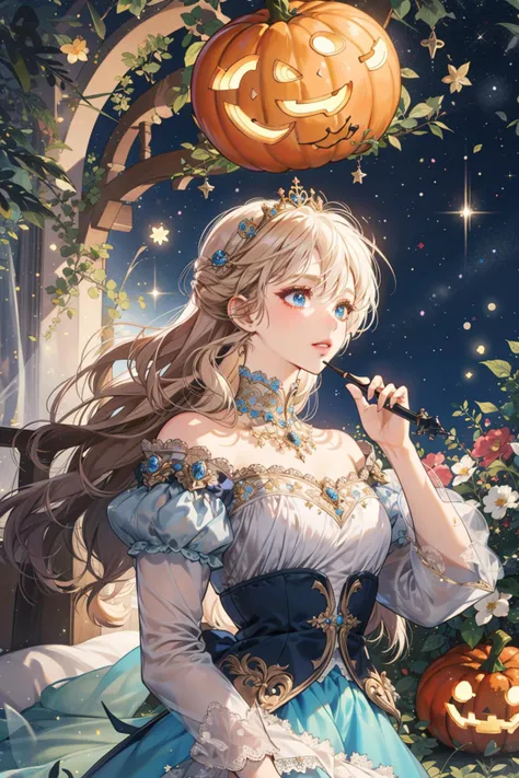 (masterpiece:1.2, best quality), 1lady, solo, upper body, Fairy godmother, starry wand with a glowing tip, fairy dust with a shimmering sparkle, carriage with pumpkin wheels, enchanted gown with a flowing skirt, magical palace with a hidden garden