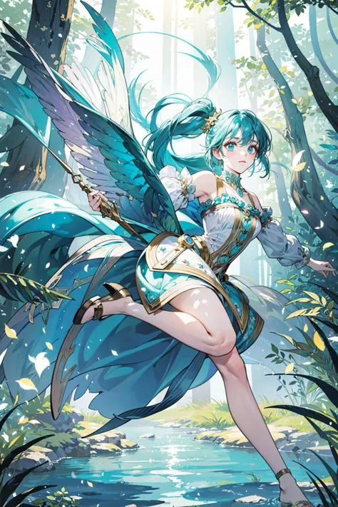 ((best quality, masterpiece, absurbres)), Full body, Vibrant, Aqua, 1 Girl, Enchanted forest, Soft Light, Fantasy Attire, Dynamic Poses